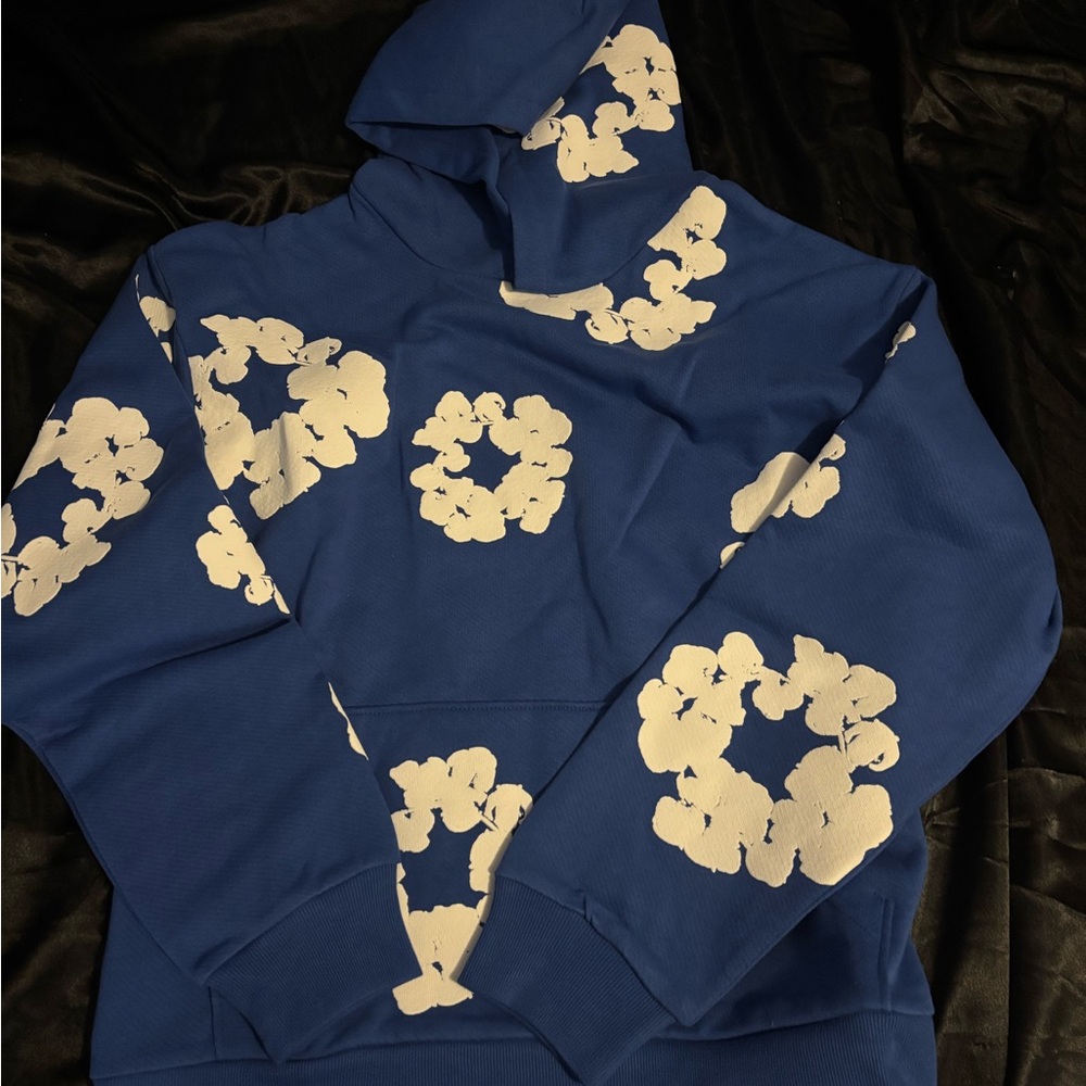 Blue Hoodie with White Floral Design